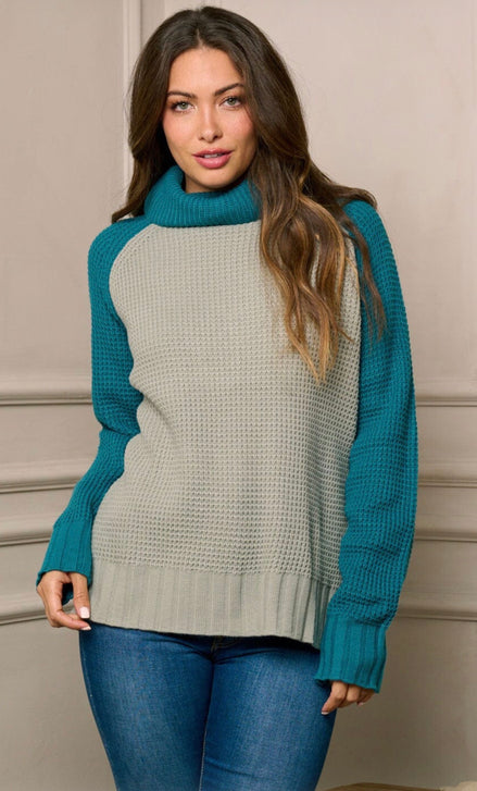 WOMEN'S LONG SLEEVE TURTLE NECK PULLOVER BACK SURPLICE SWEATER